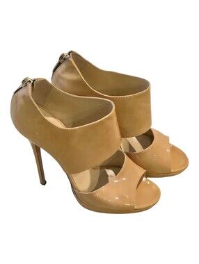 Jimmy Choo Nude Patent Leather Peep Toe Platform Stiletto Heels Size 37